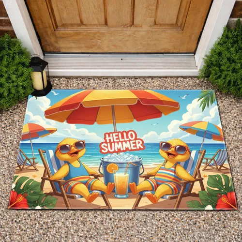 Yellow Ducklings Beach Hello Summer Tropical Scene - Summer Vacation Decor Doormat
