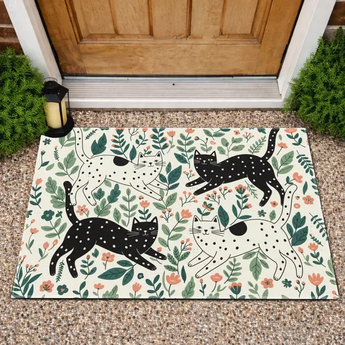 Black White Polka Dot Cats Sage Green Teal Floral Home Decor Gift for Cat Lover Doormat