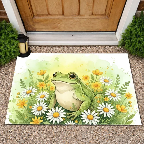 Cheerful Green Frog White Daisy Yellow Wildflower - Home Decor Gift for Garden Lover Doormat