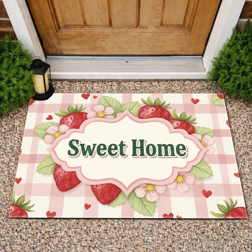 Sweet Home Strawberries Plaid - Farmhouse Home Decor Gift Doormat