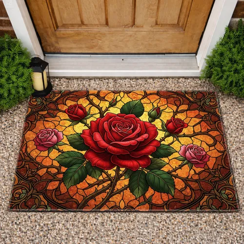 Red Rose Stained Glass Leaded Frame Mosaic - Home Decor Gift Doormat