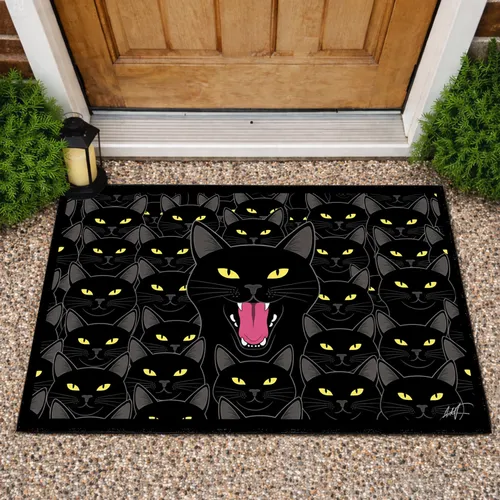 Yawning Black Cat Repeating Feline Faces - Home Decor Gift for Cat Lover Doormat