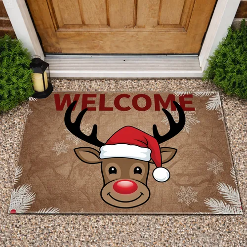 Reindeer Face Santa Hat Welcome Winter Foliage - Christmas Holiday Decor Gift Doormat