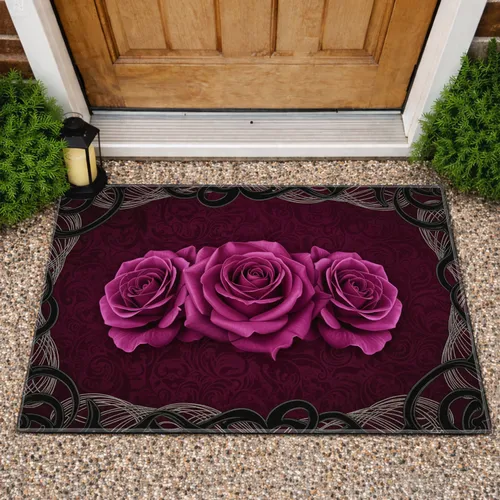 Magenta Purple Roses Silver Gold Swirls Burgundy Plum Texture - Home Decor Gift Doormat