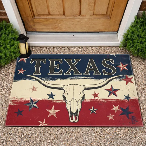 Longhorn Skull Texas American Flag - Patriotic Home Decor Gift for Western Lover Doormat