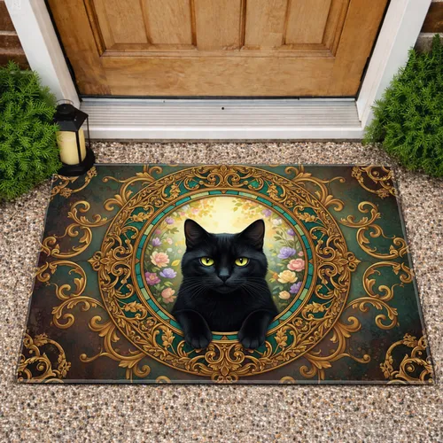 Black Cat Golden Baroque Stained Glass Garden - Home Decor Gift for Cat Lovers Doormat