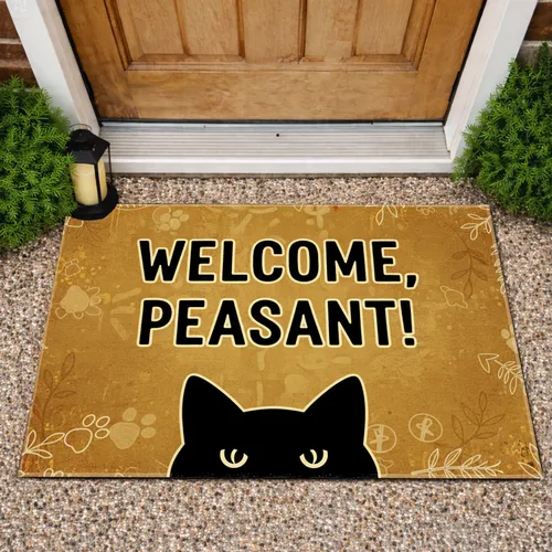Black Cat Welcome Peasant Text - Home Decor Gift for Cat Lover Doormat