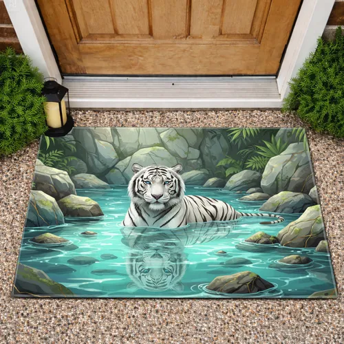 White Tiger Natural Rocks Sunlit Turquoise Pool - Wildlife Lover Home Decor Gift Doormat