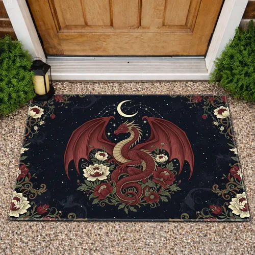 Majestic Dragon Crescent Moon Celestial Stars - Gothic Decor Gift for Dragon Lovers Doormat