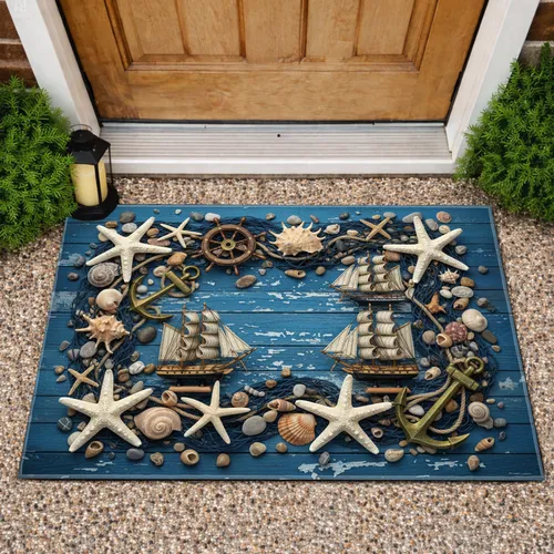 Antique Anchor Ship Wheel Starfish Fishing Net - Home Decor Gift Doormat