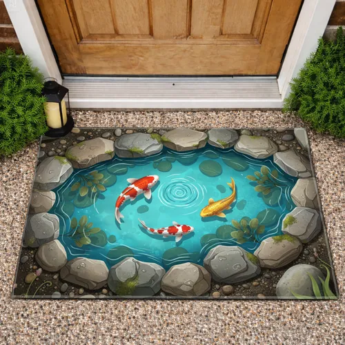 Three Koi Fish Garden Pond Stone - Home Decor Gift for Wildlife Lover Doormat
