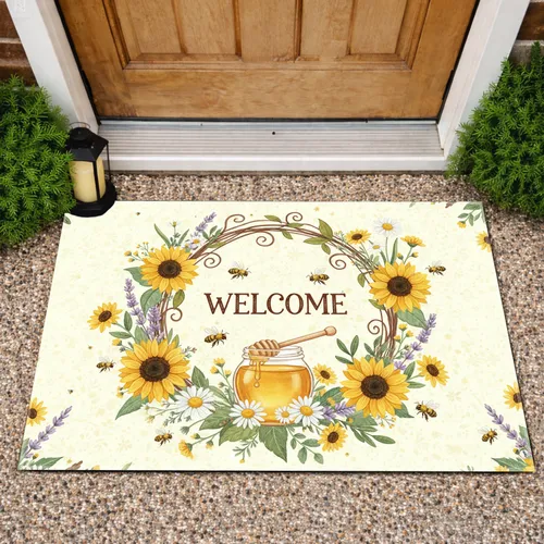 WELCOME Honey Bee Wildflower Wreath - Farmhouse Home Decor Gift for Garden Lover Doormat