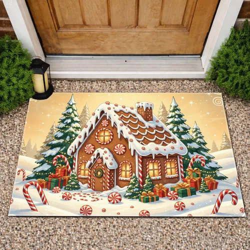 Gingerbread House Candy Canes Evergreen Trees - Christmas Holiday Gift Doormat
