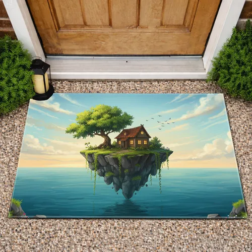 Fantasy Floating Island Rustic House Tree Birds - Home Decor Gift Doormat