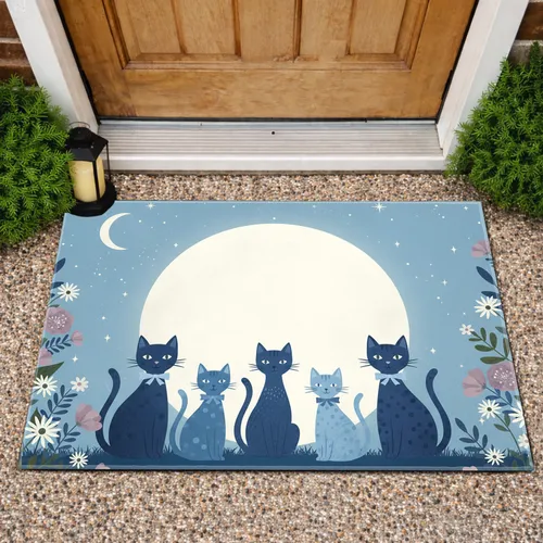 Five Cats Full Moon Wildflower Blossoms - Home Decor Gift for Cat Lover Doormat