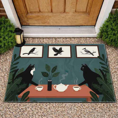 Black Cats Tea Party Black Birds Botanical - Home Decor Gift for Cat Lover Doormat