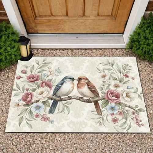 Paired Birds Gnarled Branch Floral Damask - Romantic Home Decor Gift for Bird Lovers Doormat