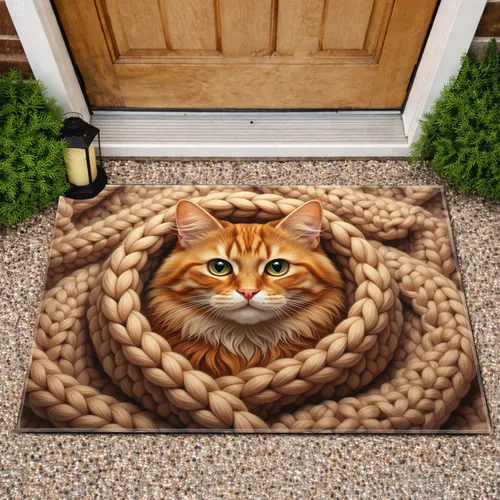 Orange Tabby Cat Knit Blanket - Home Decor Gift for Cat Lover Doormat