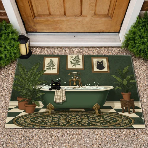 Black Cat Bathtub Vintage Botanical - Home Decor Gift for Cat Lover Doormat