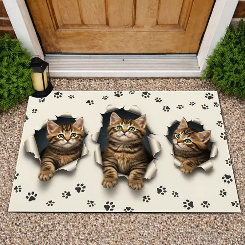 Tabby Kittens Bursting Through Textured Surface - Home Decor Gift for Cat & Pet Lovers Doormat