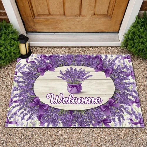 Welcome Sign Lavender Floral - Farmhouse Home Decor Gift for Garden Lover Doormat