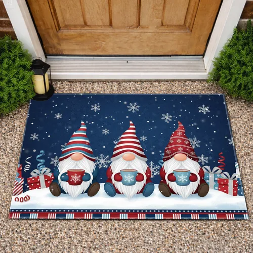 Three Gnomes Winter Hats Snowflake Mugs Wrapped Presents Winter Border Starry Sky - Christmas Gift Doormat