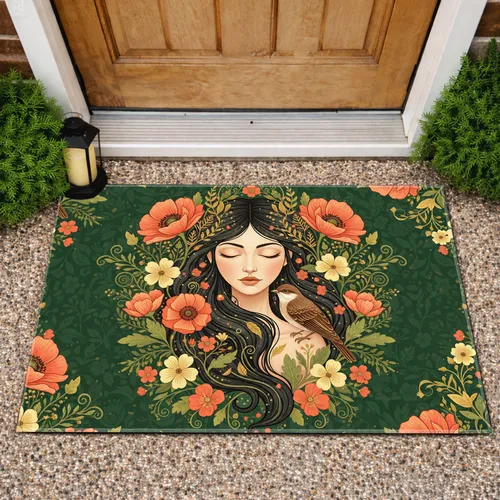 Serene Female Face Golden Leaves Bird Coral Poppies Lush Green Foliage - Home Decor Gift Doormat