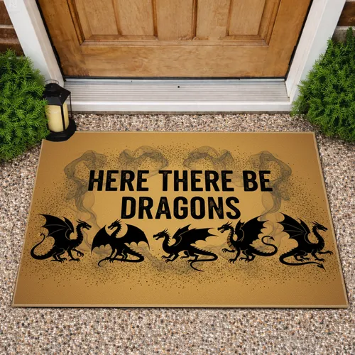 Mythical Dragons 'HERE THERE BE DRAGONS' Quote - Fantasy Home Decor Gift for Fantasy Lover Doormat