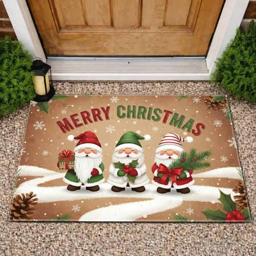 Merry Christmas Santa Gnomes Snow Holly Pinecones - Christmas Decor Doormat