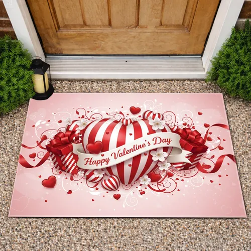 Red White Striped Heart Happy Valentine's Day Ribbon - Valentine's Day Home Decor Gift Doormat