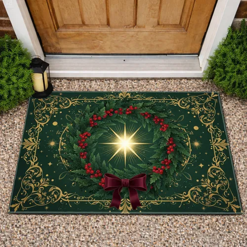 Christmas Wreath Golden Starburst Filigree - Festive Holiday Decor Doormat