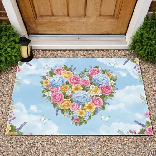 Pink Rose Light Blue Hydrangea Lavender Heart Butterflies - Home Decor Gift Doormat