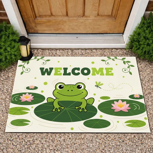 Green Frog Welcome Dragonfly Lily Pads Water Lilies Pond - Everyday Home Decor Gift Doormat