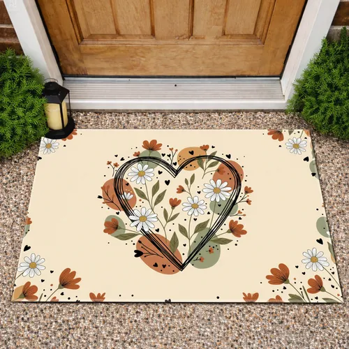 Black Outline Heart Wildflowers Daisy Sprigs - Farmhouse Home Decor Gift Doormat