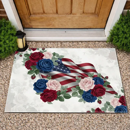 American Flag Roses Floral Arrangement - Independence Day Gift for Veterans Doormat