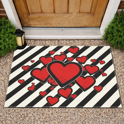High Contrast Red Black Distressed Hearts Diagonal Stripes - Home Decor Gift Doormat