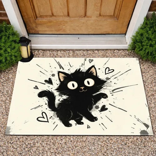 Shaggy Black Kitten Hearts Splatter - Home Decor Gift for Cat Lover Doormat
