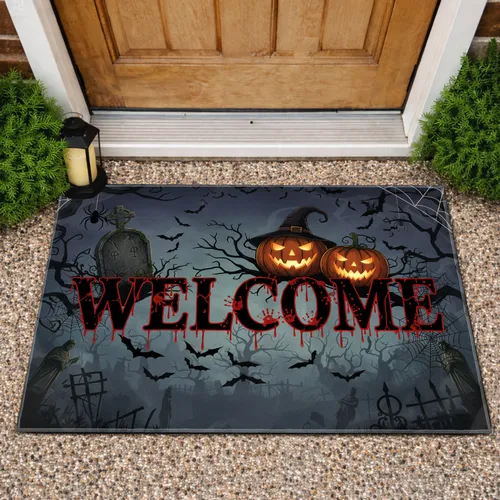 Haunted WELCOME Blood Jack-o'-Lanterns Halloween Decor Doormat