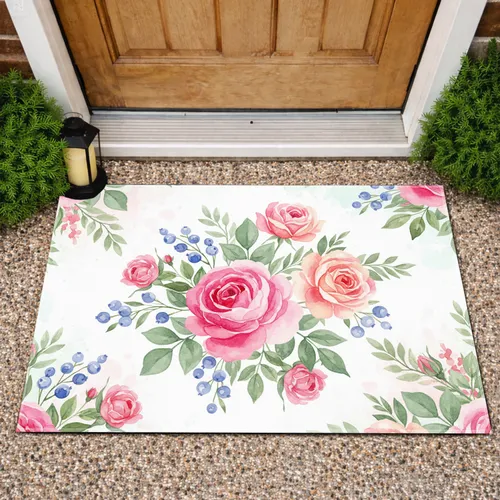 Pink Peach Roses Blue Berries Foliage - Home Decor Gift Doormat