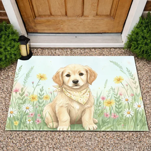 Fluffy Golden Puppy Wildflower Meadow - Home Decor Gift for Dog Lover Doormat