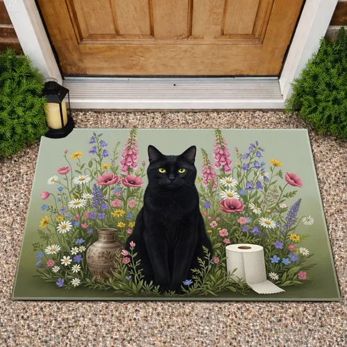Black Cat Cottage Garden Wildflowers - Home Decor Gift for Cat Lovers Doormat