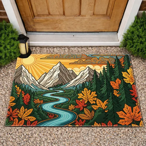 Radiant Golden Sun Angular Mountains Forest River - Nature Lover Gift Doormat