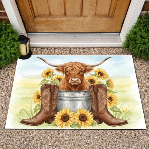 Highland Cow Galvanized Bucket Sunflowers Cowboy Boots - Farmhouse Home Decor Cow Lover Gift Doormat