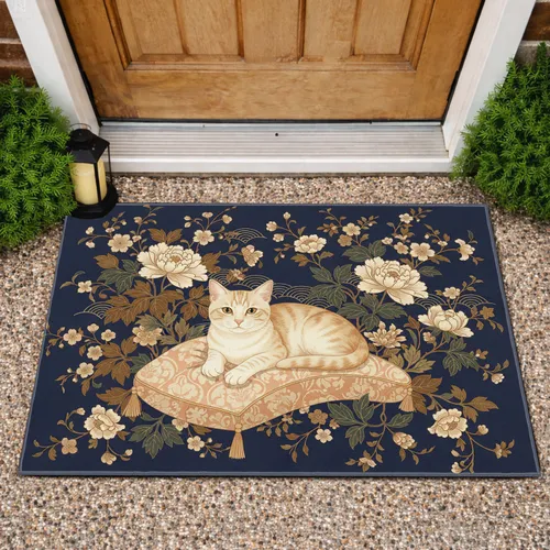 Tabby Cat Peony Floral Gold Waves - Home Decor Gift for Cat Lover Doormat