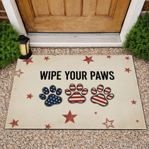 Wipe Your Paws Patriotic Paw Prints - Independence Day Gift for Veterans Doormat