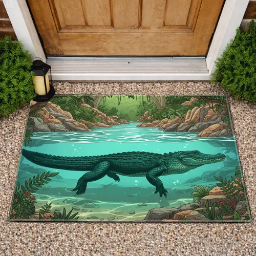 Dark Green Alligator Swimming Teal Water Rocky Banks Lush Foliage - Wildlife Lover Home Decor Gift Doormat
