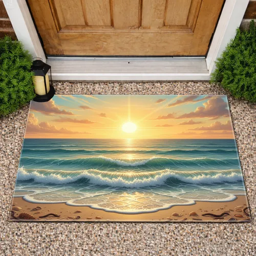 Golden Sunset Sun Reflection Ocean Waves Sandy Beach Shore - Coastal Home Decor Gift Doormat