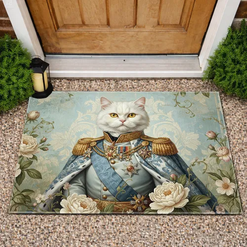 White Persian Cat Military Uniform Botanical - Home Decor Gift for Cat Lover Doormat
