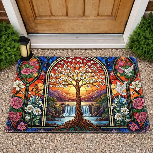 Tree of Life Stained Glass Sunset Waterfall - Home Decor Gift for Nature Lovers Doormat