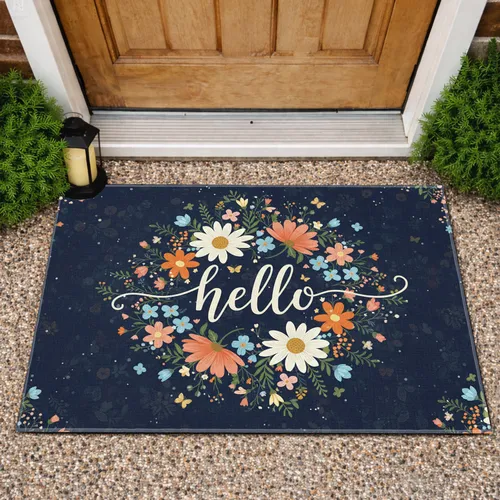 Hello Script Blooming Daisy Wildflower Butterflies Dark Navy - Home Decor Welcome Gift Doormat